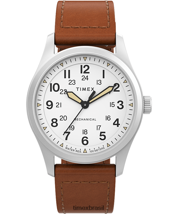 relógios | Timex homens Expedição North Field Post Relógio mecânico com pulseira de couro ecológico de 38 mm XFN60X3 aço inoxidável/marrom/branco