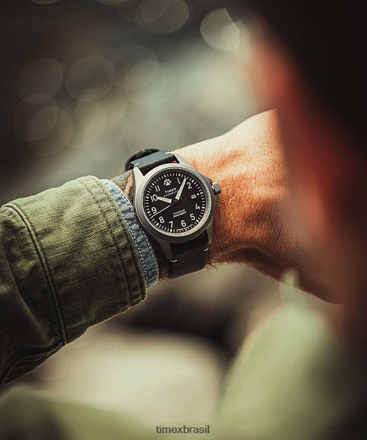 relógios | Timex homens Expedição North Titanium Relógio automático com pulseira de couro ecológico de 41 mm XFN60X27 titânio/preto