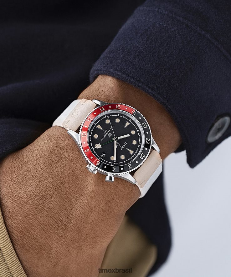 relógios | Timex homens relógio com pulseira de material misto waterbury tradicional gmt 39 mm XFN60X4 aço inoxidável/branco/preto