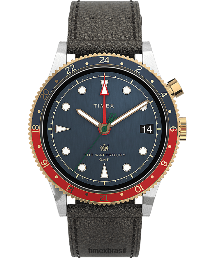 relógios | Timex homens relógio waterbury tradicional gmt com pulseira de couro de 39 mm XFN60X5 aço inoxidável/marrom/azul