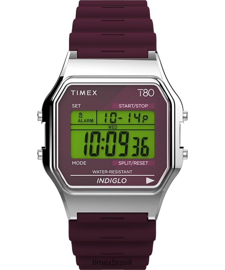 relógios | Timex homens relógio com pulseira de resina t80 34 mm XFN60X262 tom prateado/bordô