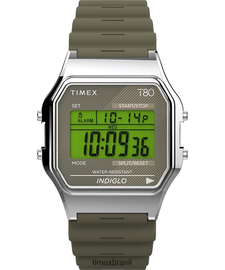 relógios | Timex homens relógio com pulseira de resina t80 34 mm XFN60X267 tom prateado/verde