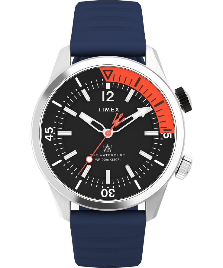 relógios | Timex homens Relógio Waterbury Dive com pulseira de borracha sintética de 41 mm XFN60X120 aço inoxidável/azul/preto