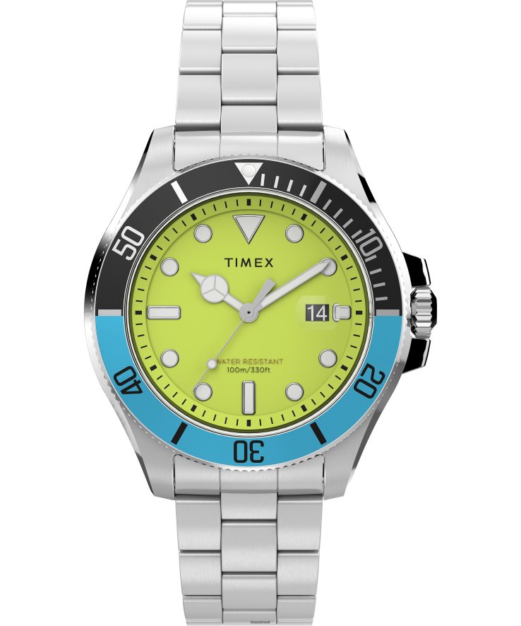 relógios | Timex homens Relógio com pulseira de aço inoxidável de 43 mm na costa do porto XFN60X133 em aço inoxidável/verde