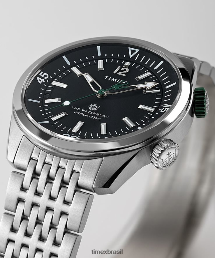 relógios | Timex homens relógio com pulseira de aço inoxidável waterbury dive 41 mm XFN60X108 aço inoxidável/preto/verde