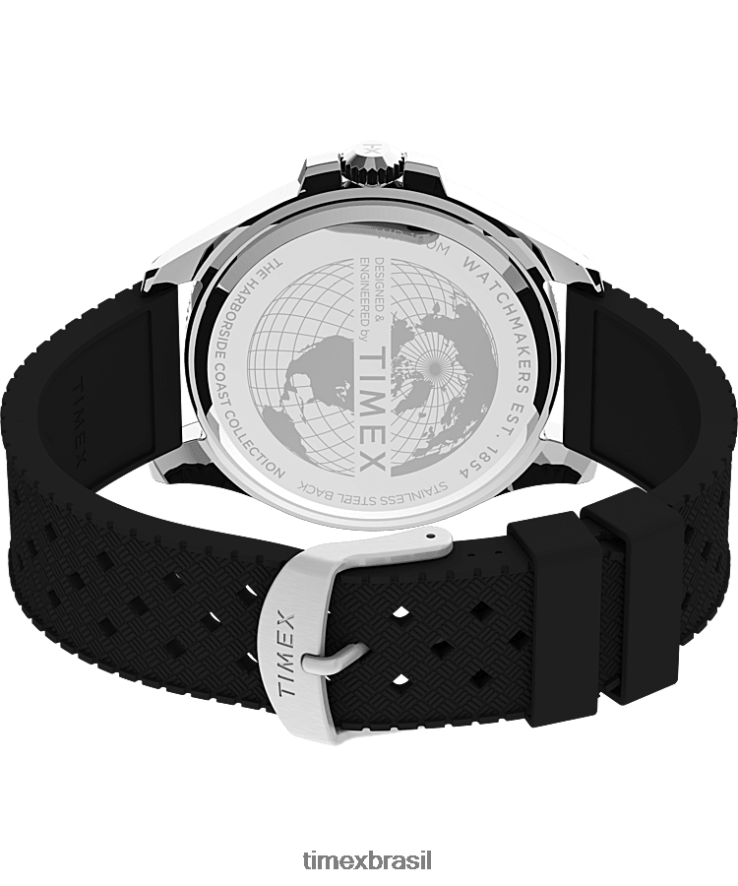 relógios | Timex homens relógio com pulseira de borracha de 43 mm na costa do porto XFN60X130 tom prateado/preto