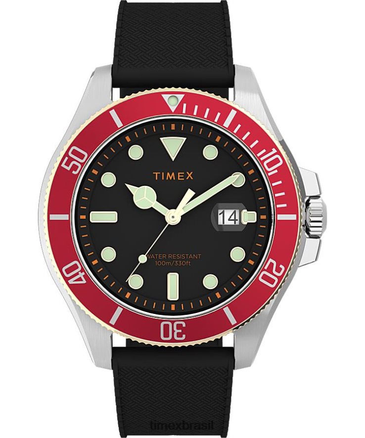 relógios | Timex homens relógio com pulseira de borracha de 43 mm na costa do porto XFN60X131 tom prateado/preto/vermelho