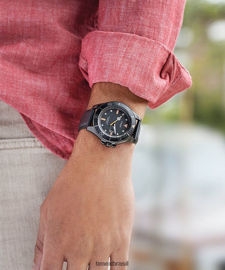 relógios | Timex homens relógio com pulseira de couro 43 mm da costa do porto XFN60X114 preto
