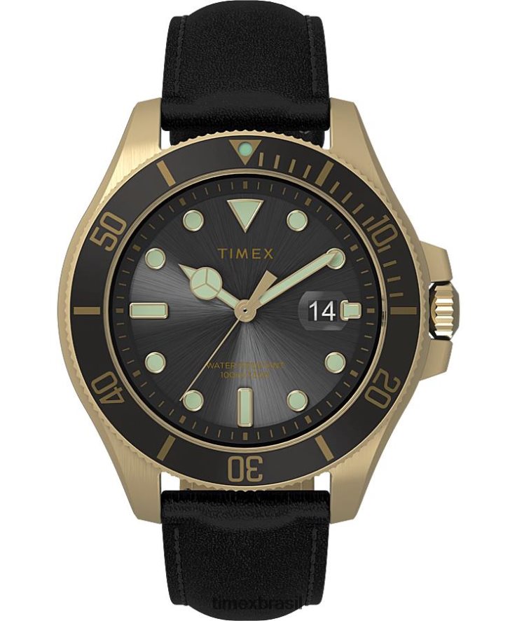 relógios | Timex homens relógio com pulseira de couro 43 mm da costa do porto XFN60X132 tom dourado/preto