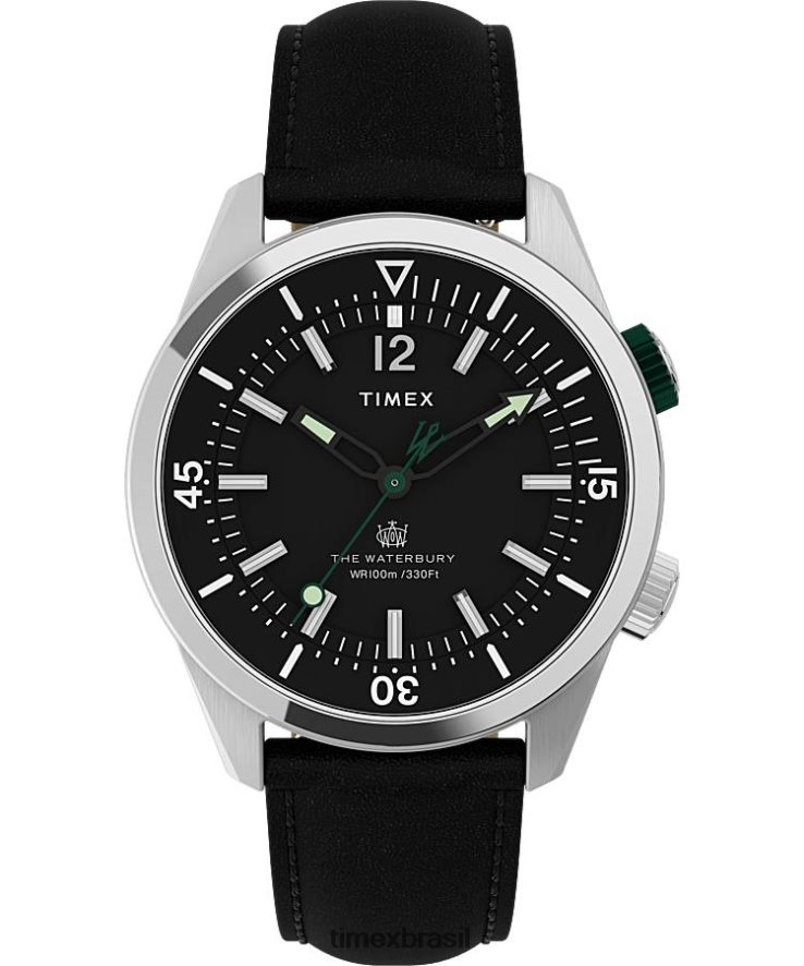relógios | Timex homens relógio com pulseira de couro waterbury dive 41 mm XFN60X109 aço inoxidável/preto/verde