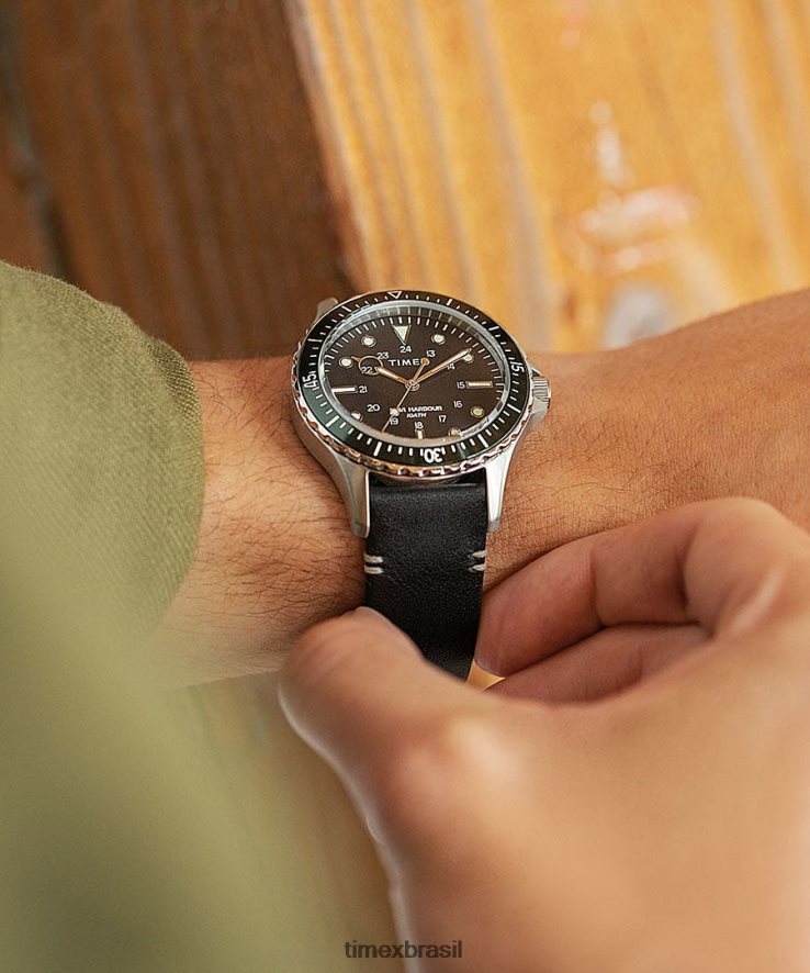 relógios | Timex homens relógio navi xl com pulseira de couro de 41 mm XFN60X116 aço inoxidável/preto/verde