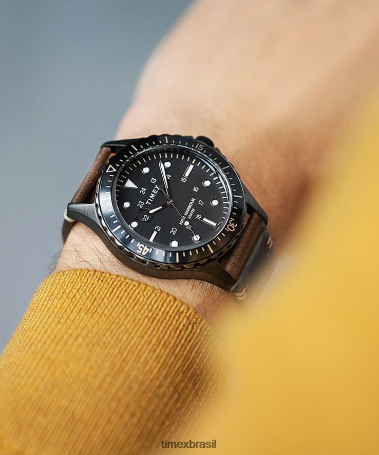 relógios | Timex homens relógio navi xl com pulseira de couro de 41 mm XFN60X124 Preto amarronzado