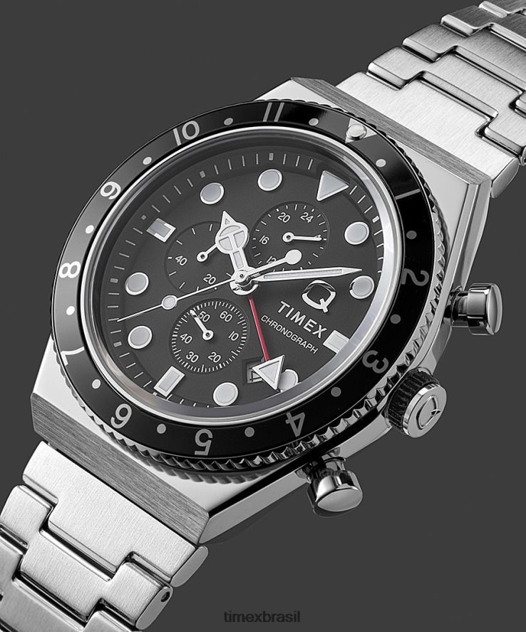 relógios | Q Timex homens Relógio com pulseira de aço inoxidável com cronógrafo de três fusos horários e 40 mm XFN60X61 aço inoxidável/preto/outros