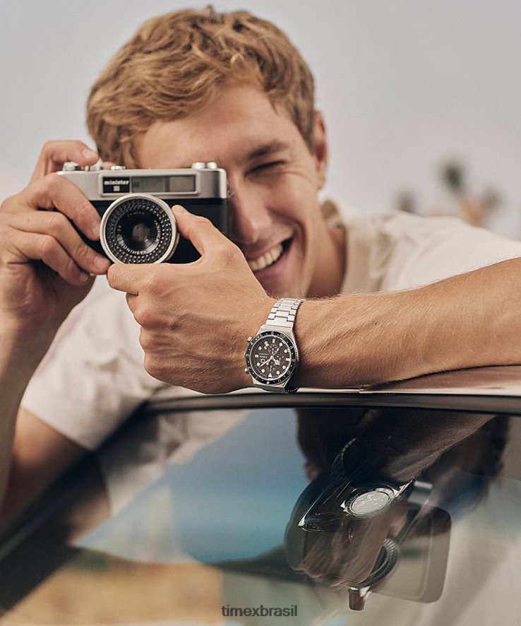 relógios | Q Timex homens Relógio com pulseira de aço inoxidável com cronógrafo de três fusos horários e 40 mm XFN60X61 aço inoxidável/preto/outros