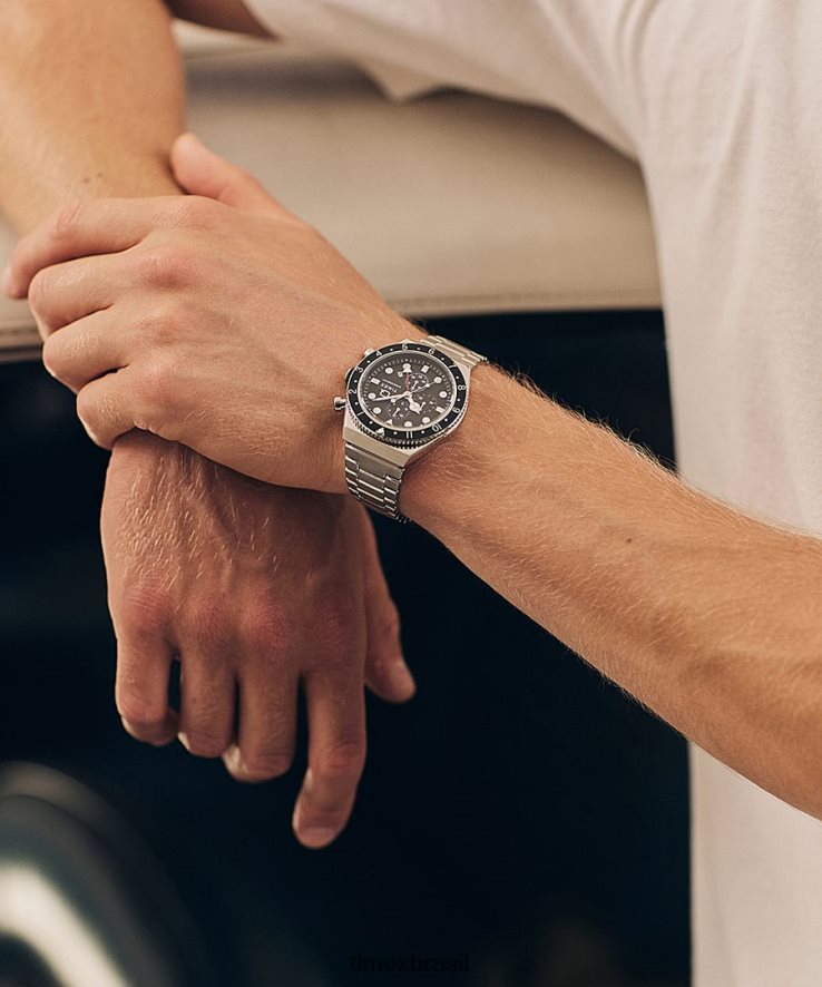 relógios | Q Timex homens Relógio com pulseira de aço inoxidável com cronógrafo de três fusos horários e 40 mm XFN60X61 aço inoxidável/preto/outros