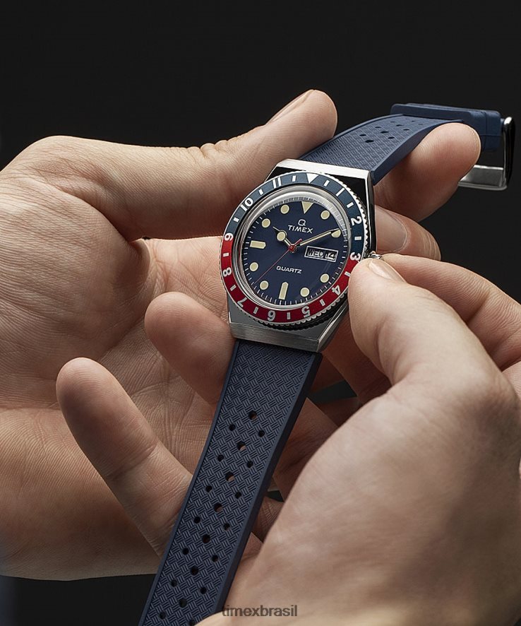 relógios | Q Timex homens Relógio com pulseira de borracha sintética de 38 mm XFN60X72 aço inoxidável/azul
