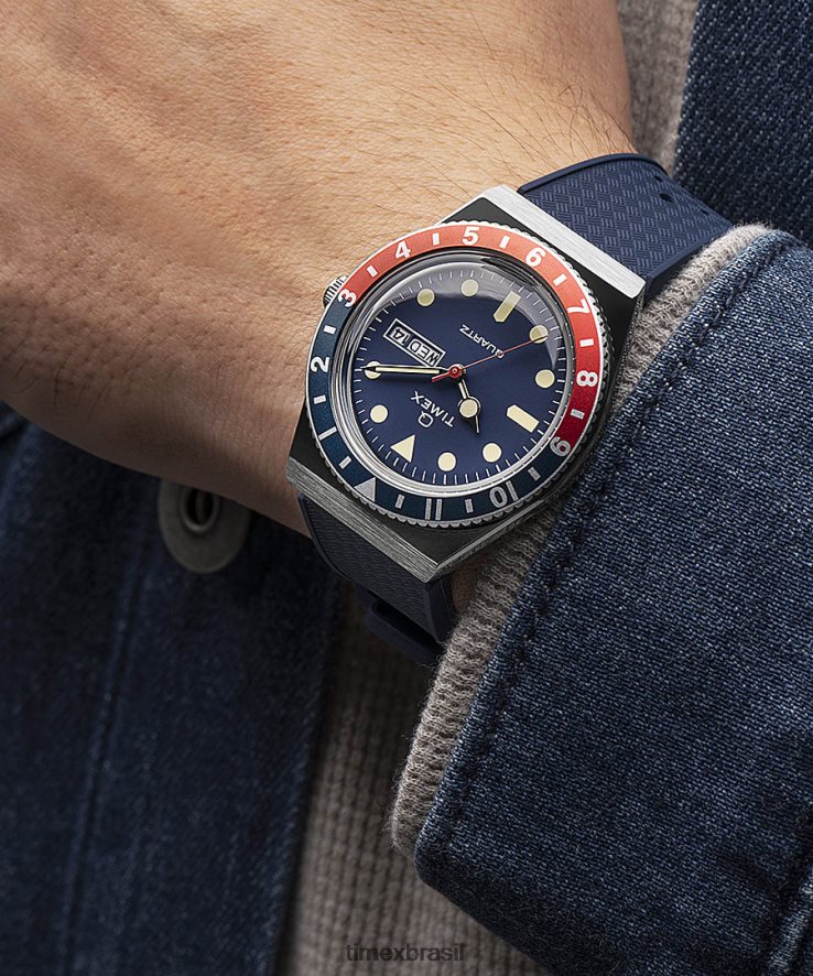 relógios | Q Timex homens Relógio com pulseira de borracha sintética de 38 mm XFN60X72 aço inoxidável/azul