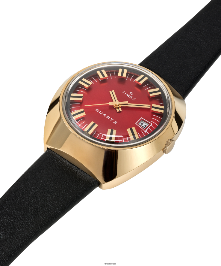 relógios | Q Timex homens Relógio com pulseira de couro 43x39mm reeditado em 1972 XFN60X67 tom dourado/preto/bordô