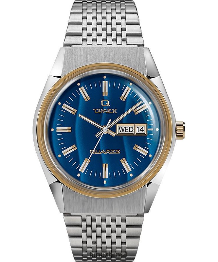 relógios | Q Timex homens reedição de relógio com pulseira de aço inoxidável de 38 mm com olho de falcão XFN60X69 aço inoxidável/azul/dourado