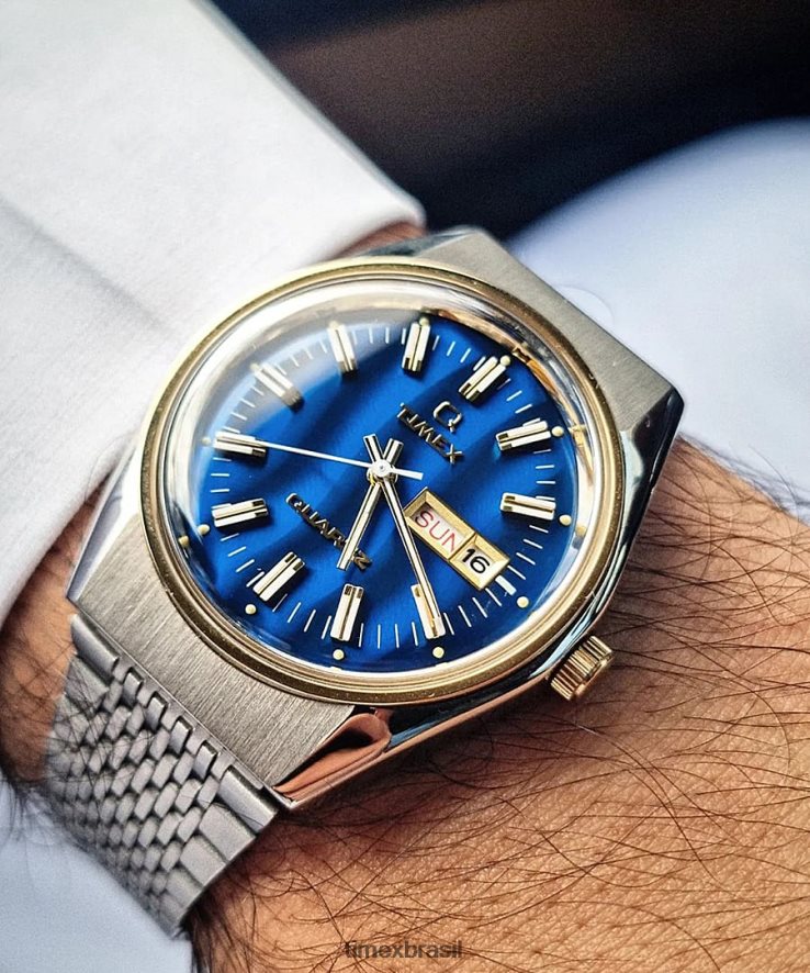 relógios | Q Timex homens reedição de relógio com pulseira de aço inoxidável de 38 mm com olho de falcão XFN60X69 aço inoxidável/azul/dourado