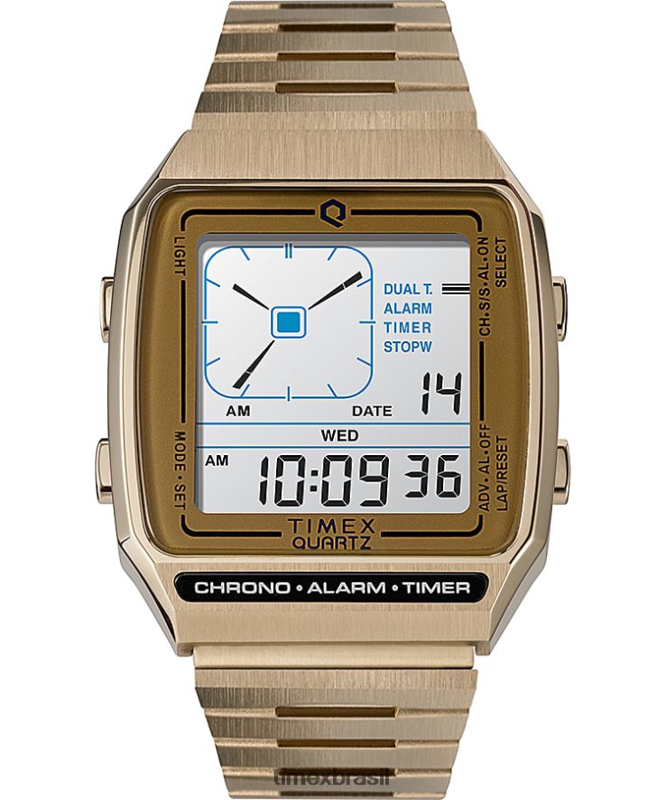 relógios | Q Timex homens reeditar relógio digital com pulseira de aço inoxidável lca 32,5 mm XFN60X73 tom de ouro