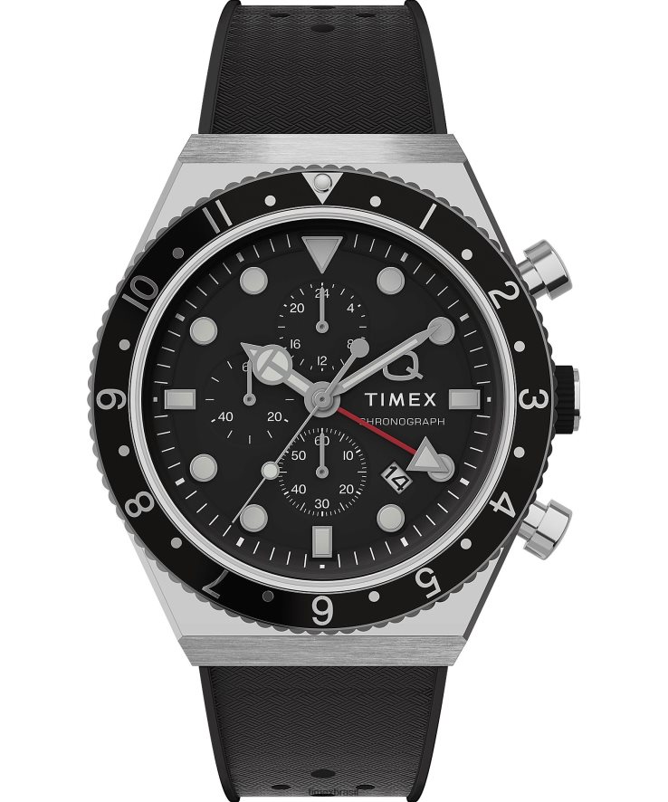 relógios | Q Timex homens relógio com pulseira de borracha sintética de 40 mm com cronógrafo de três fusos horários XFN60X62 aço inoxidável/preto