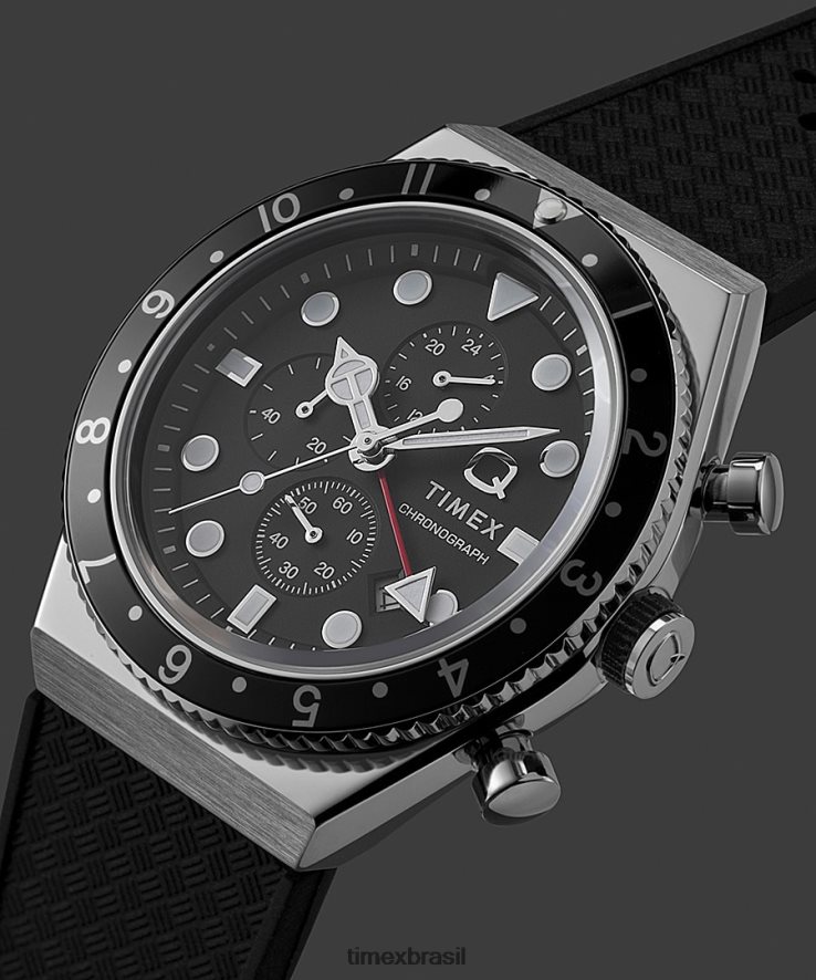 relógios | Q Timex homens relógio com pulseira de borracha sintética de 40 mm com cronógrafo de três fusos horários XFN60X62 aço inoxidável/preto