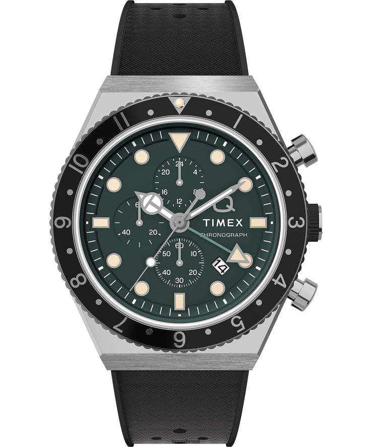 relógios | Q Timex homens relógio com pulseira de borracha sintética de 40 mm com cronógrafo de três fusos horários XFN60X63 aço inoxidável/preto/verde