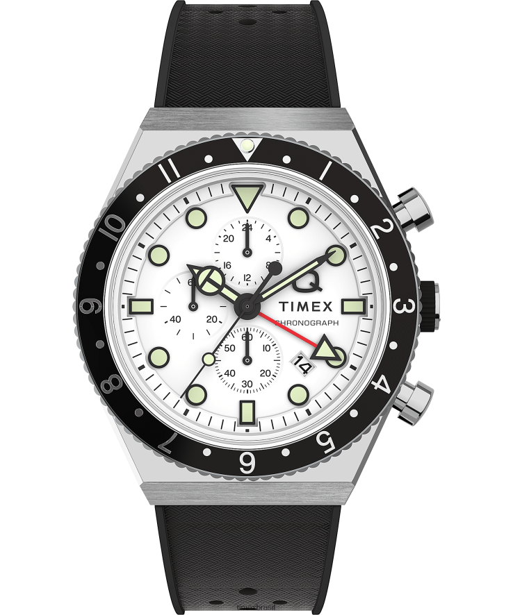 relógios | Q Timex homens relógio com pulseira de borracha sintética de 40 mm com cronógrafo de três fusos horários XFN60X64 aço inoxidável/preto/branco