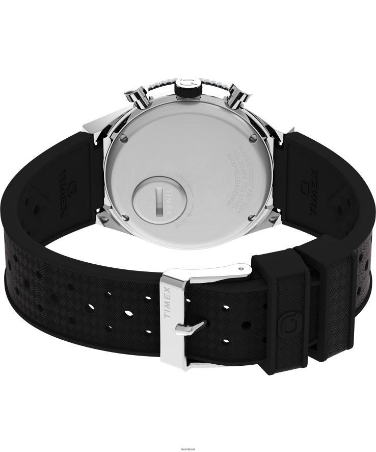 relógios | Q Timex homens relógio com pulseira de borracha sintética de 40 mm com cronógrafo de três fusos horários XFN60X64 aço inoxidável/preto/branco