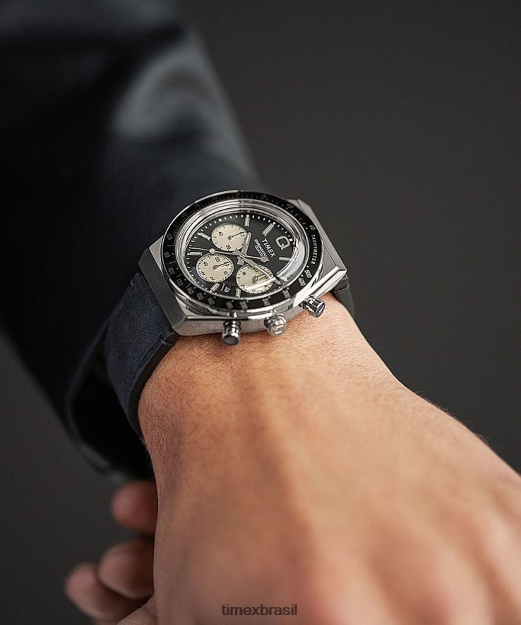 relógios | Q Timex homens relógio com pulseira de couro cronógrafo 40mm XFN60X65 aço inoxidável/preto