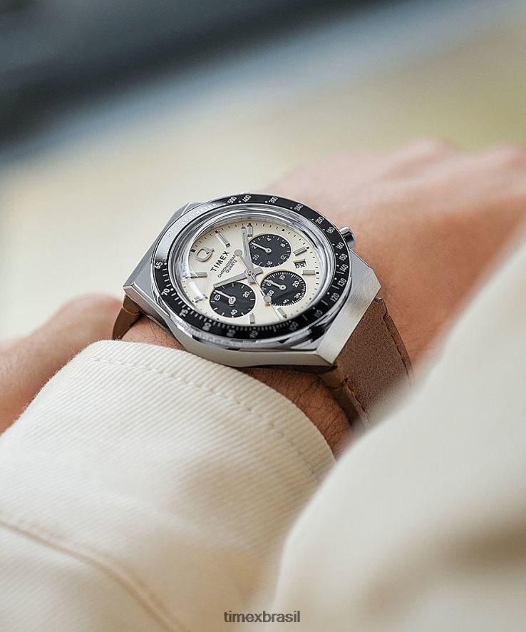 relógios | Q Timex homens relógio com pulseira de couro cronógrafo 40mm XFN60X66 aço inoxidável/marrom/creme