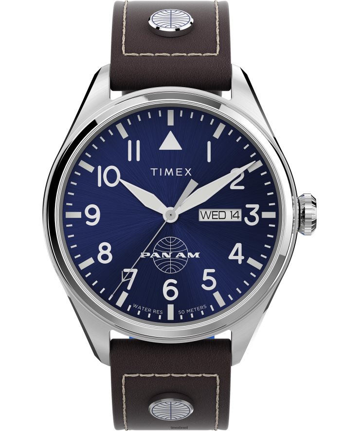 relógios | Timex x homens relógio pan am day-date com pulseira de couro de 42 mm XFN60X81 aço inoxidável/marrom/azul