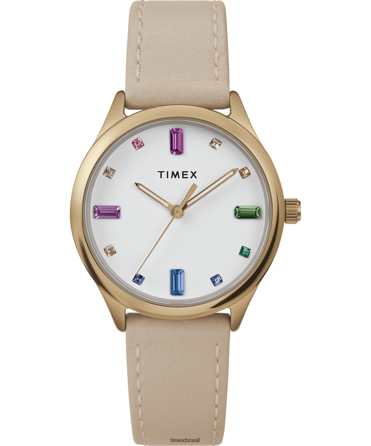 relógios | Timex mulheres relógio moderno com pulseira de couro de 32 mm XFN60X386 tom dourado/bronzeado/branco