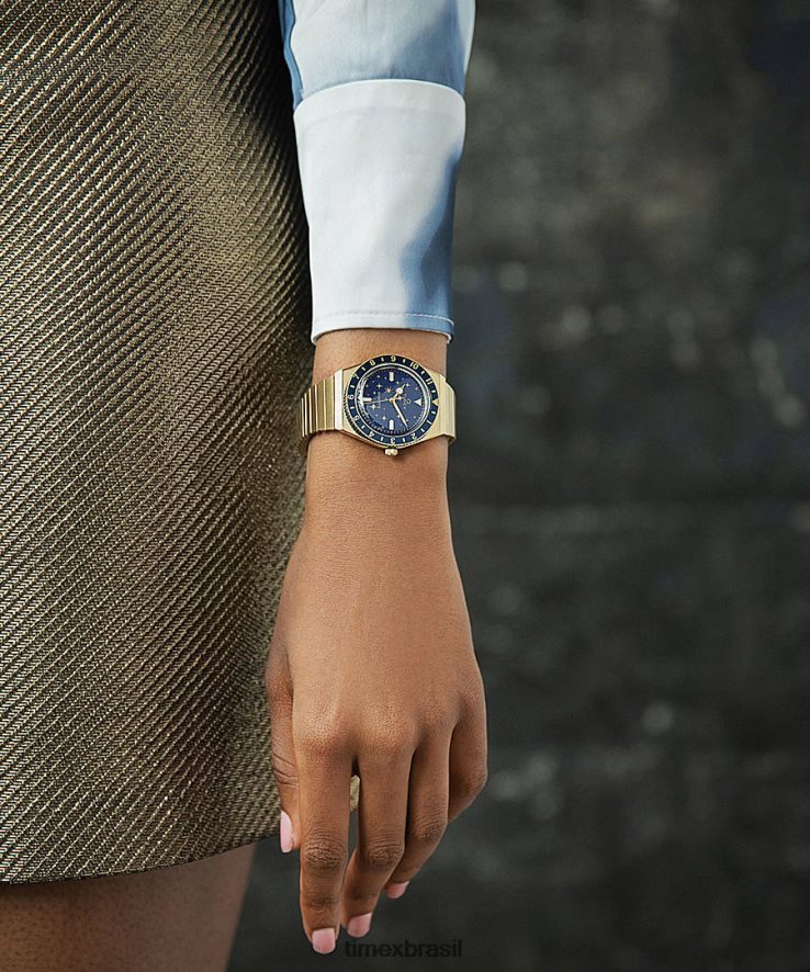 relógios | Q Timex mulheres relógio com banda de expansão de aço inoxidável celestial de 36 mm XFN60X328 tom dourado/azul