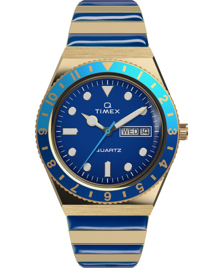 relógios | Q Timex mulheres relógio com pulseira de expansão em aço inoxidável malibu 36mm XFN60X335 tom dourado/azul