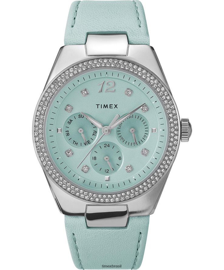 relógios | Timex mulheres relógio Simone multifuncional com pulseira de couro de 38 mm XFN60X351 tom prateado/azul