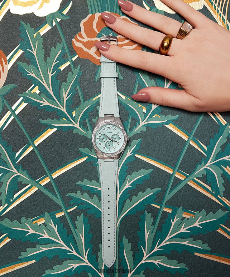 relógios | Timex mulheres relógio Simone multifuncional com pulseira de couro de 38 mm XFN60X351 tom prateado/azul